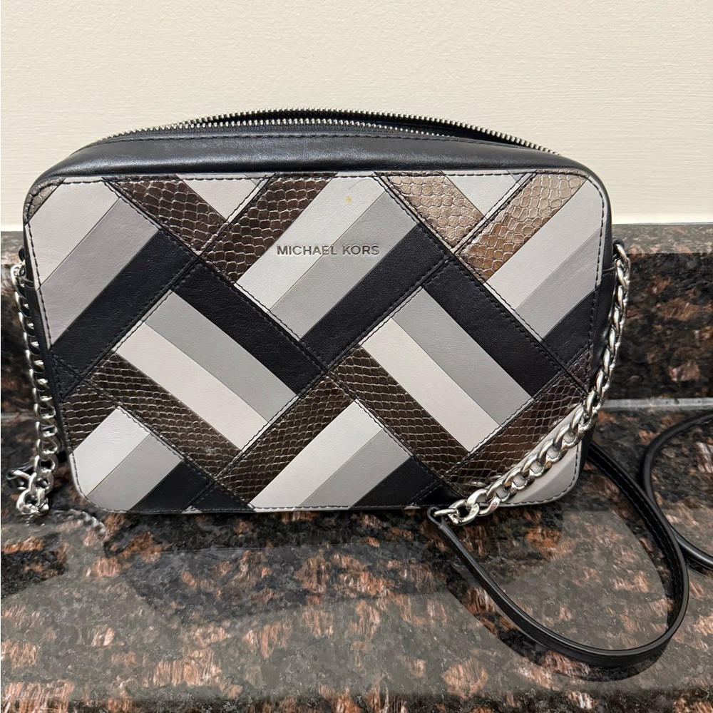Michael Kors Patchwork Crossbody Bag in Black, Gray, and Brown